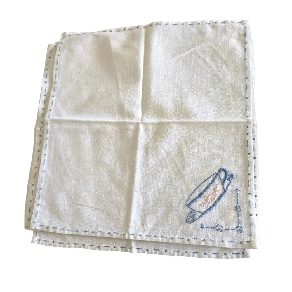 Vintage 4 Hand Embroidered Teacup Napkins Handkerchiefs White Shabby Chic LINEN